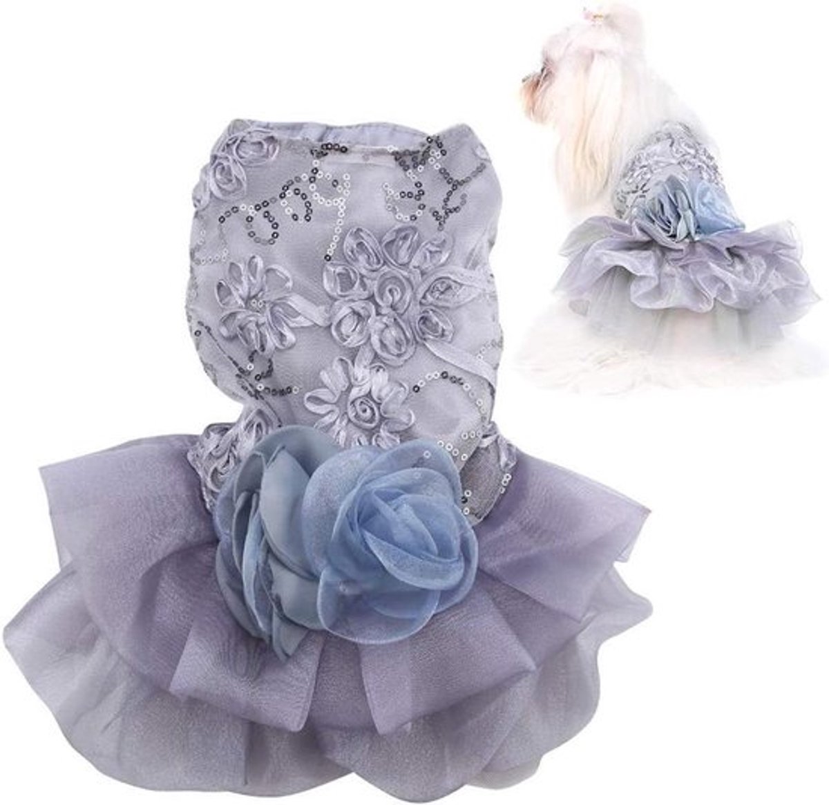 Zijdeachtige puppykostuum met pailletten en prinses elegante rok voor kleine hond - Bruiloftskostuum - Zomerse luxe huisdierkleding (M)