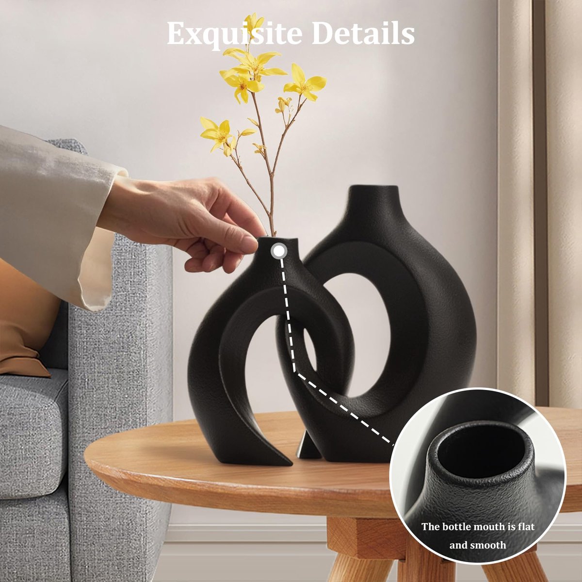 SnelShoppen - Set van 2 zwarte keramische donutvazen, moderne Scandinavische vaas voor bloemen, minimalistische huisdecoratie, woonkamerdecoratie, tre
