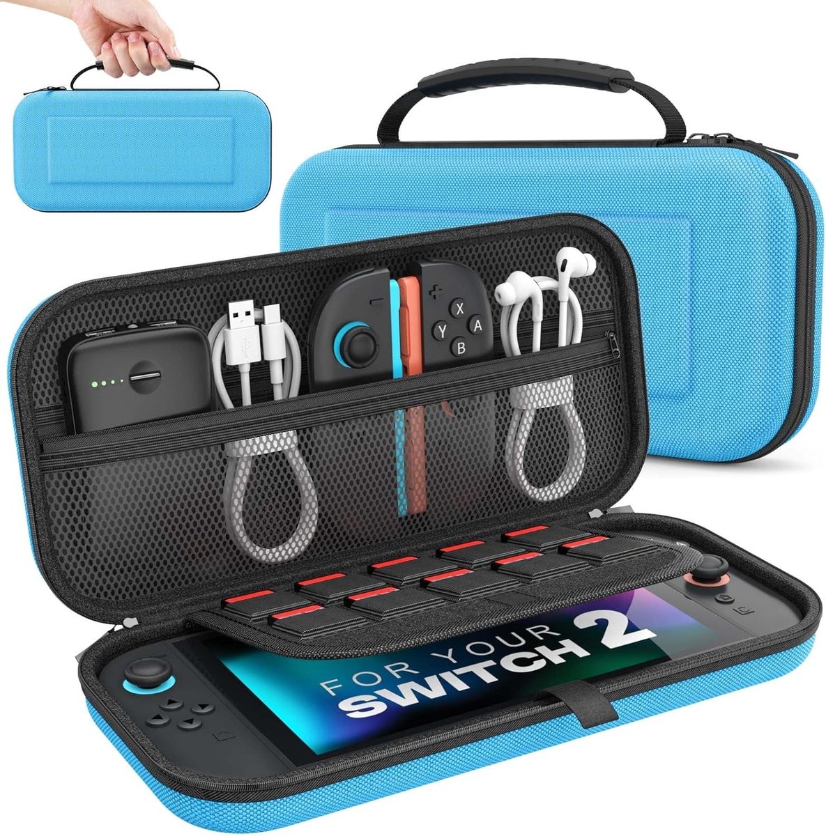 Draagbare Beschermhoes voor Nintendo Switch 2, Hard Shell Reistas met Opbergruimte voor 10 Cartridges en Accessoires, Blauw