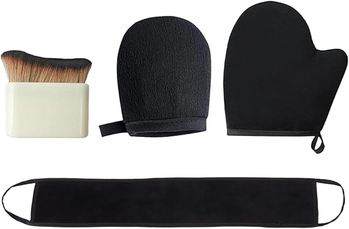 Set van 4 Zelfbruiningshandschoenen en Borstel, Herbruikbare Applicator Handschoenen en Exfoliërende Mitts voor een Perfecte Tan en Gladde Huid