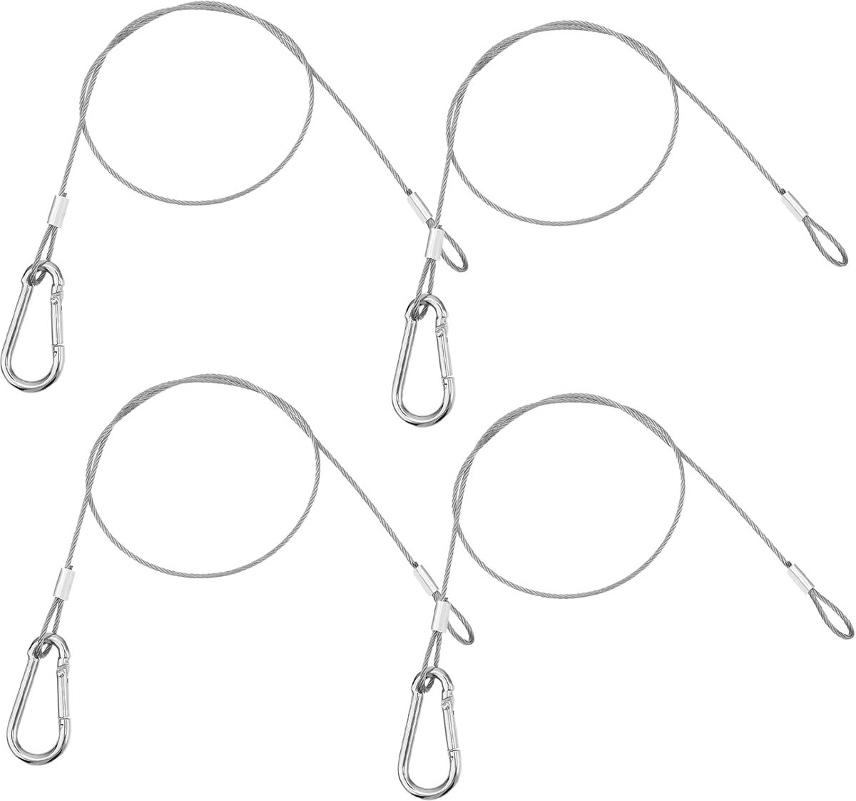 SnelShoppen - Set van 4 zilverkleurige roestvrijstalen veiligheidskabels met ogen 50 cm x 1,5 mm, staalkabel voor fiets, motorfiets, meubels, tuin en