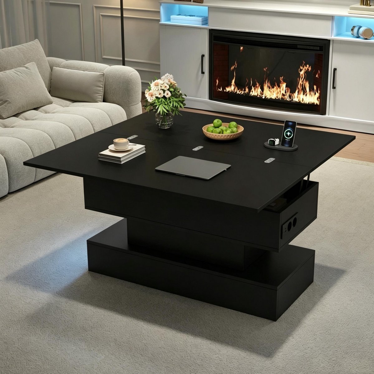 HAUSS SPOLE Salontafel - Hoogteverstelbaar Met Verlichting En Opbergruimte - Modern Voor Woonkamer En Werkplek - Spaanplaat - Zwart - 100 X 50 X 51,5 Cm