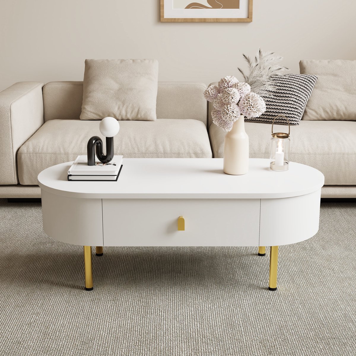 COVREO Salontafel 108 x 50 x 40 cm wit en goud, MDF met 2 lades