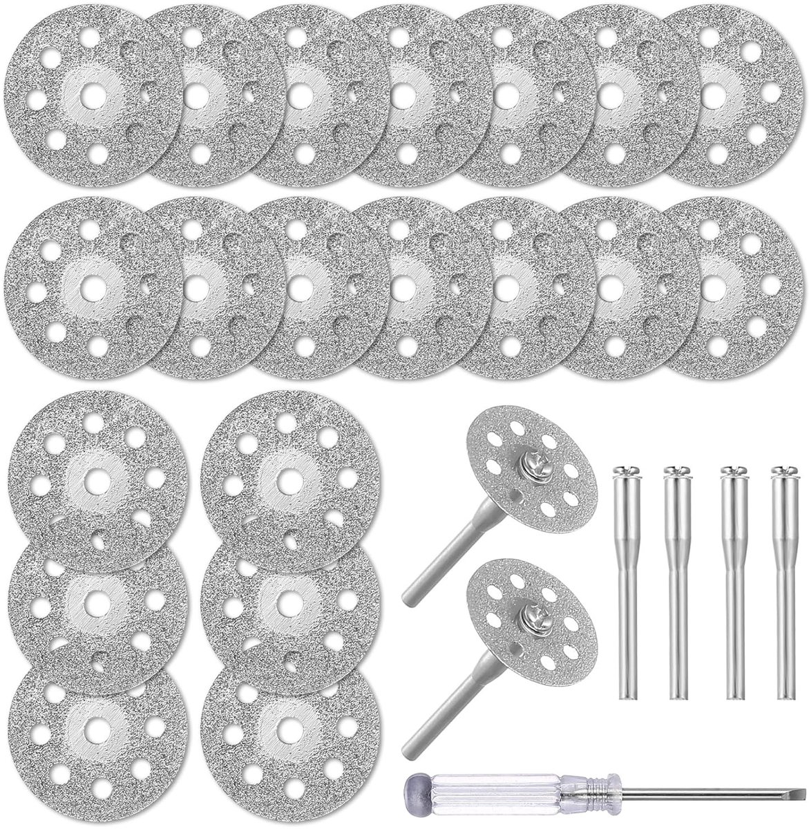 25 Stuks Snijdisketten 22mm voor Diverse Toepassingen – Ideaal voor Snijden van Steen, Glas en Tegels – Inclusief 4 Spindels van 3mm en 1 Schroevendraaier