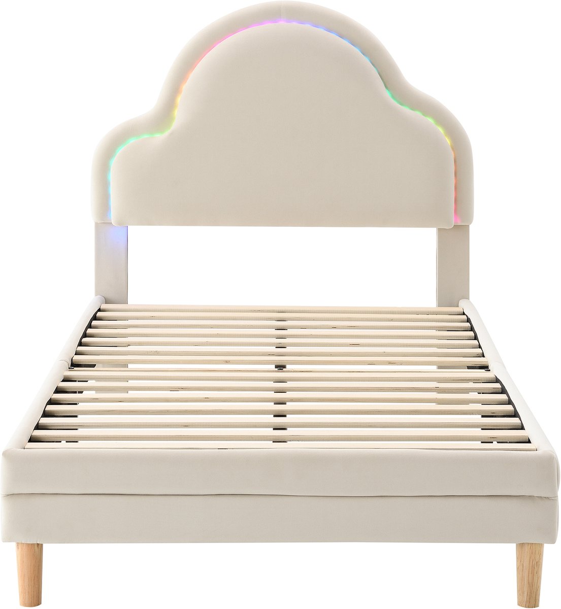 Gestoffeerd kinderbed 90x200 cm - Beige fluwelen bed met wolken hoofdbord en LED verlichting - Eenpersoonsbed met houten lattenbodem