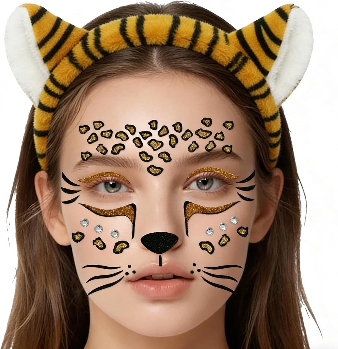 Hoofdband met tijgeroren van pluche, perfect voor Halloween, feesten en carnaval, inclusief tijgergezicht stickers en cosplay rekwisieten