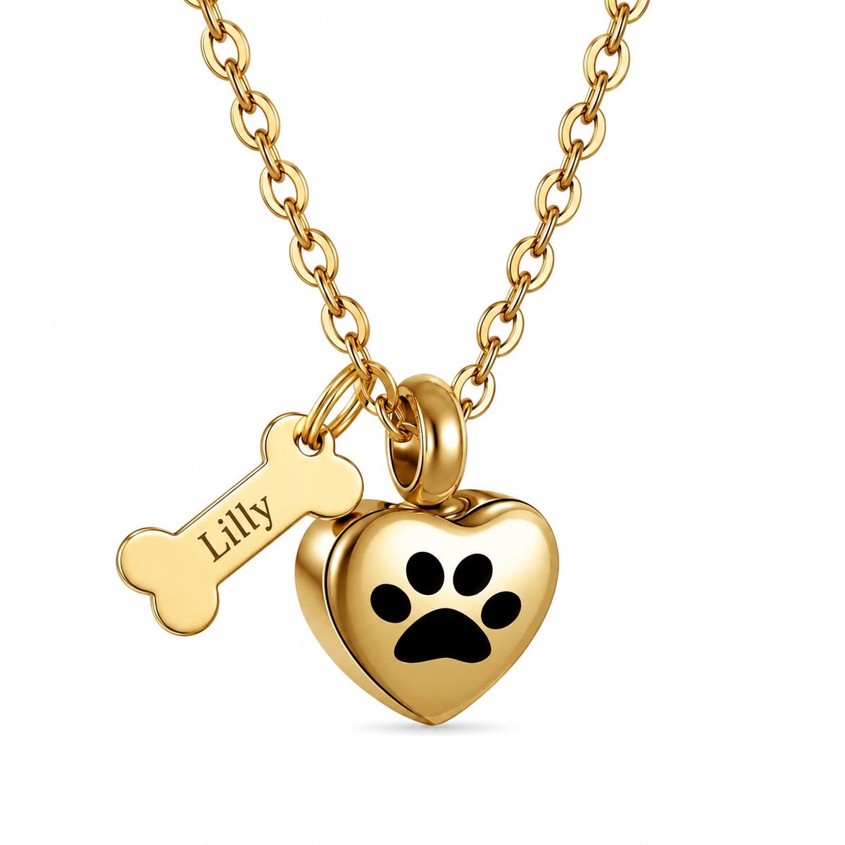 Asketting Huisdier met Naam – Goud – Gepersonaliseerde Ashanger Hond & Kat – RVS Ashanger Hart en Hondenbotje – Ashanger huisdier graveren – Petshop Seven