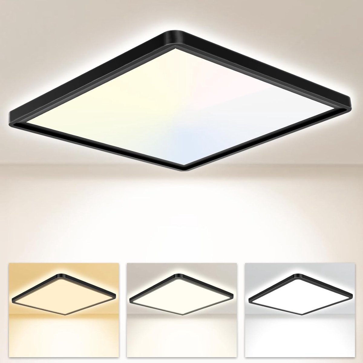 SnelShoppen - Led-plafondlamp 24 W, 3200 lumen, 6000 K/4000 K/3000 K, IP54, ultradunne vierkante plafondlamp, zwart, modern voor badkamer, keuken, hal