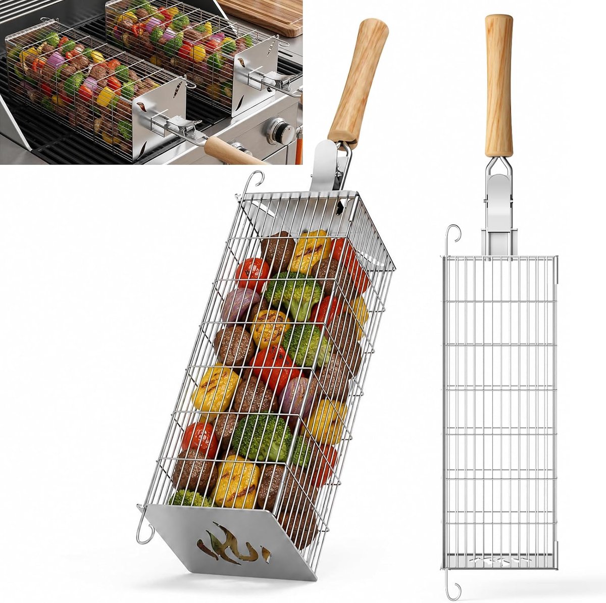 SnelShoppen - Grillkorb Set van 2 - vierkant, 304 RVS met afneembare houten greep, groot volume, ideaal voor gasgrill, barbecue, camping, perfect voor
