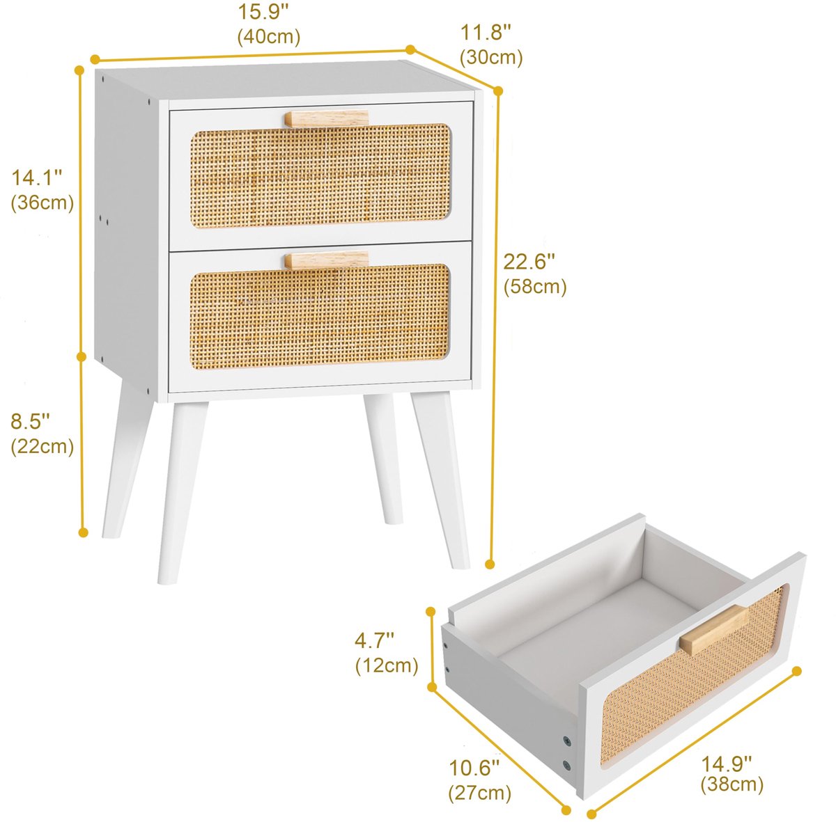 SnelShoppen - Houten nachtkastje met 2 handgemaakte schuifladen, boho bijzettafel, opslag voor woonkamer, slaapkamer, wit DECTG59W