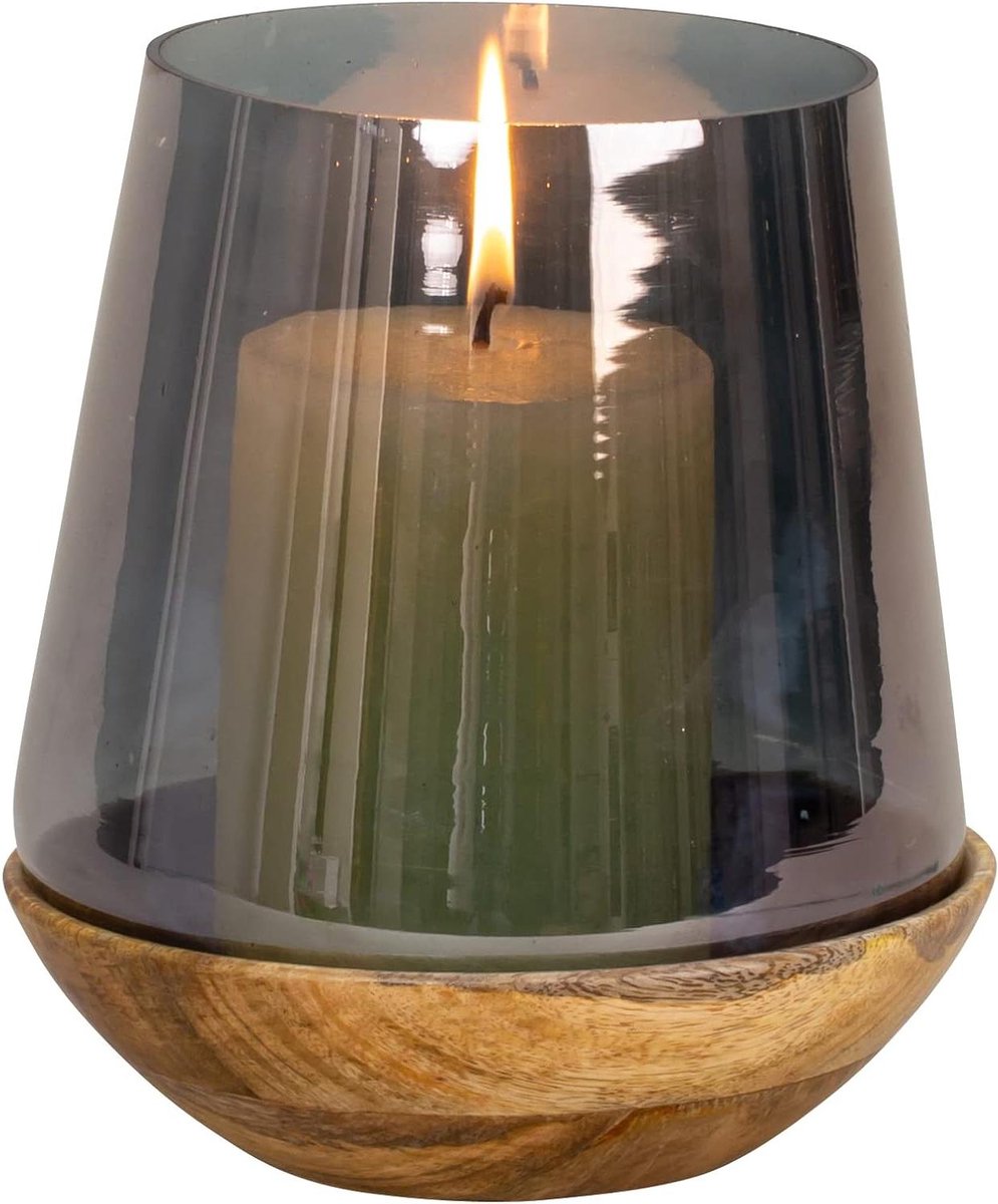 Windlicht Kaarsenhouder - Glazen Houder - Sfeervolle Decoratie - Combinatie Glas Hout - 20 cm Hoog - Zwart Bruin