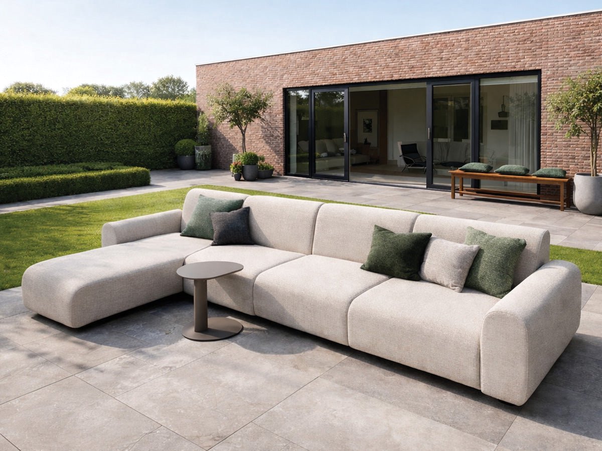Fonteyn Loungeset Allegra - 6-persoons Loungeset, Buitenzitgroep en Tuinmeubelset met Loungebank en Tafel - 345 x 70 cm - Aluminium - Geschikt voor Tuin, Terras en Balkon - Inclusief Kussens - Naturel, Taupe