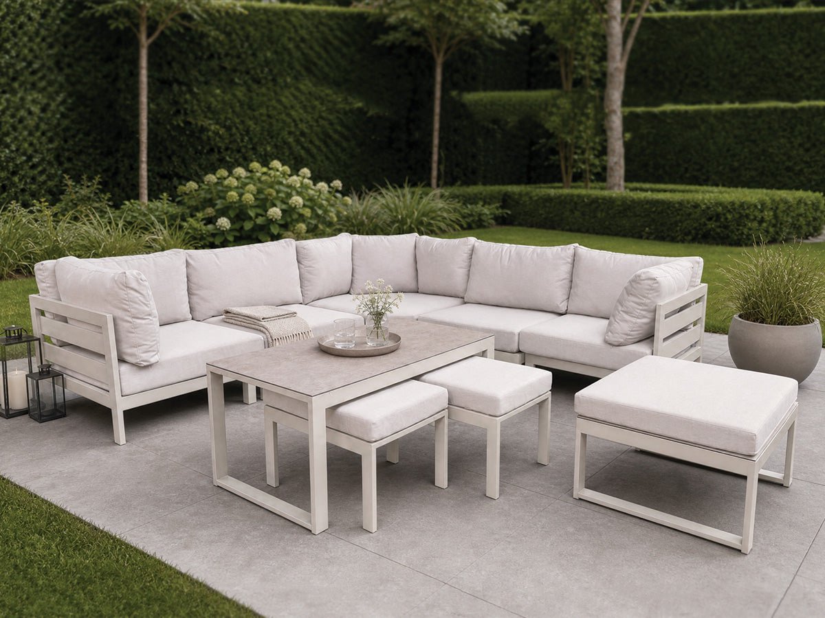 Fonteyn Loungeset Barcelona Taupe Combi 01 - 6-persoons Loungeset, Buitenzitgroep en Tuinmeubelset met Loungebank en Tafel - 245 x 80 x 69 cm - Aluminium - Geschikt voor Tuin, Terras en Balkon - Inclusief Kussens - Naturel, Taupe