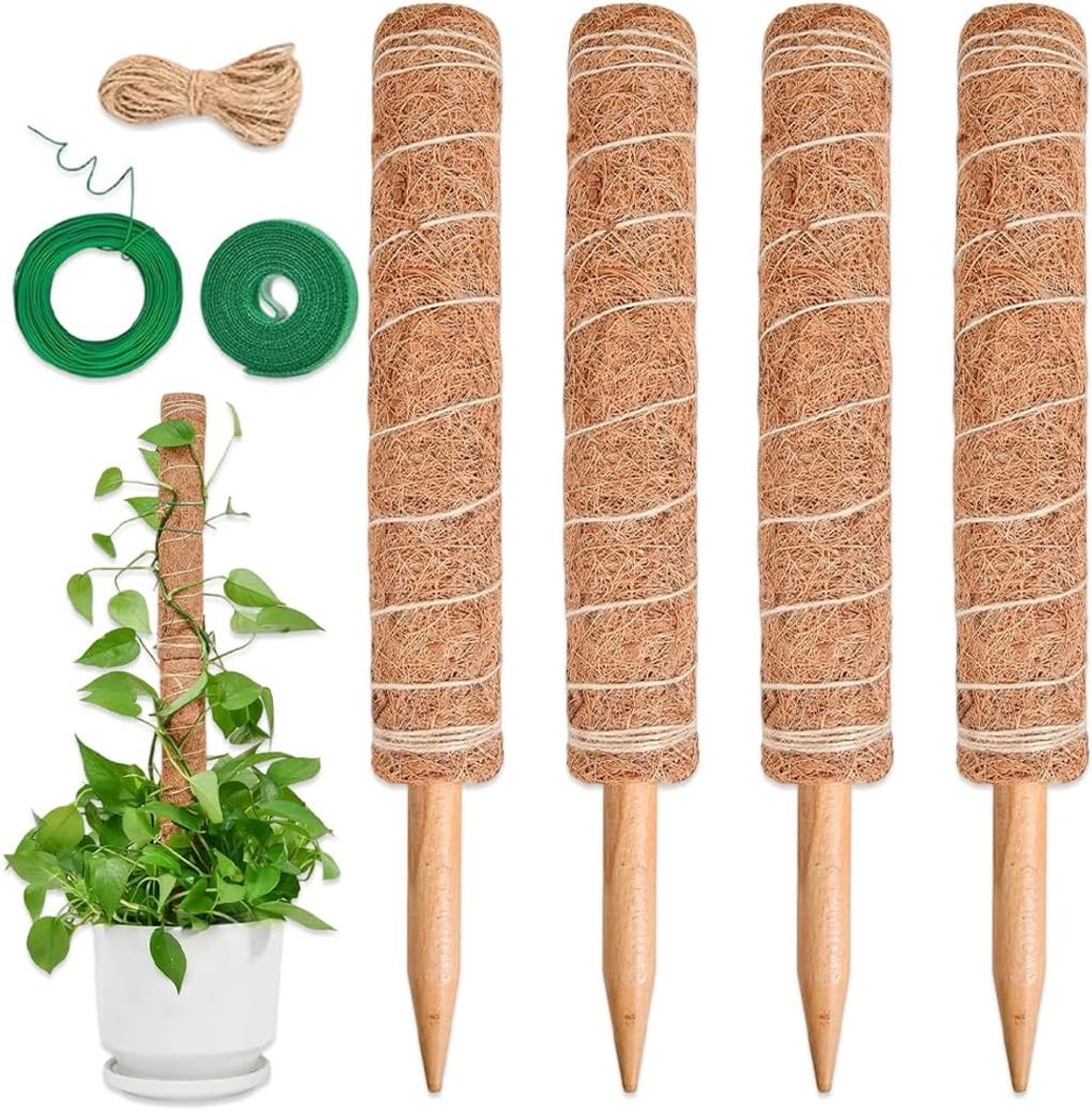 Klimplanten voor binnen, 40 cm hoog, rekbaar met kokosvezel, set van 4 stuks voor groene decoratie