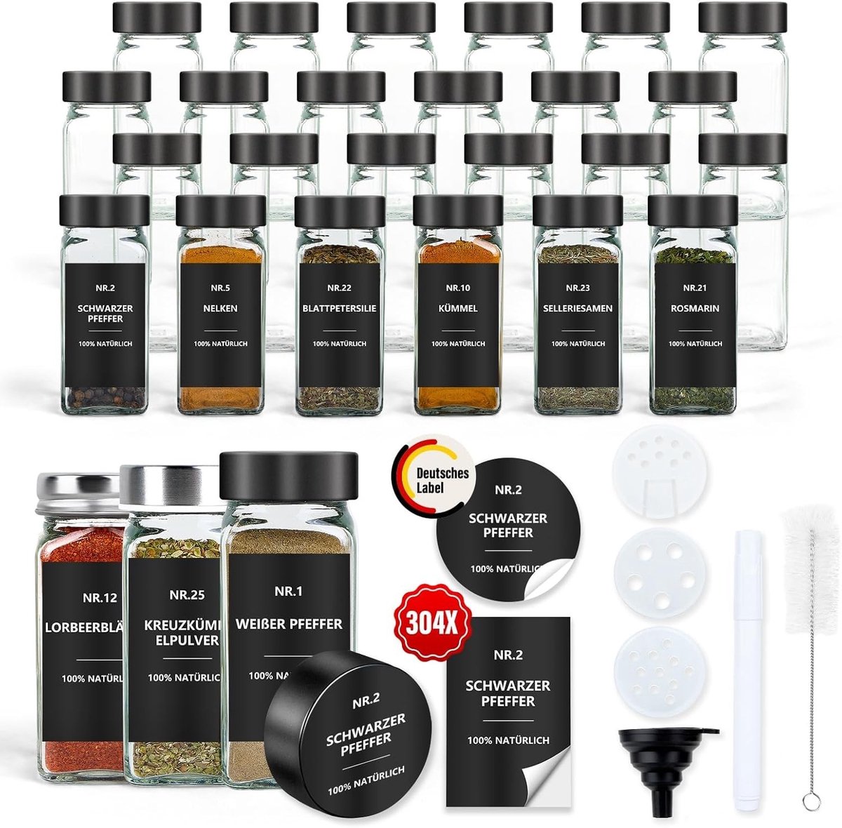 Set van 24 Lege Specerijpotjes van 4 oz met Zwarte Deksels, Vierkante Potten met Labels en Zeefinzetstukken voor Keuken, Kast en Lade