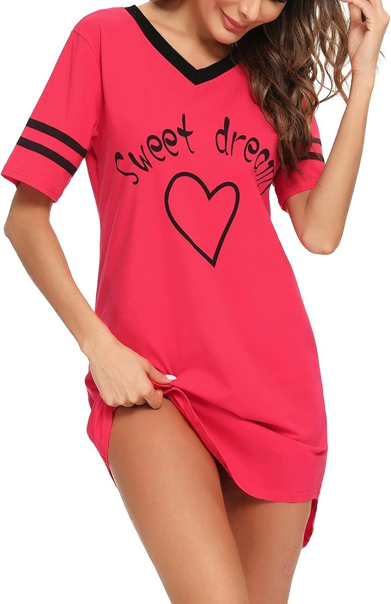 Zomerse Katoenen Nachtjapon voor Dames met Korte Mouwen - Casual Nachtkleding en Loungewear in Crimson, Maat L