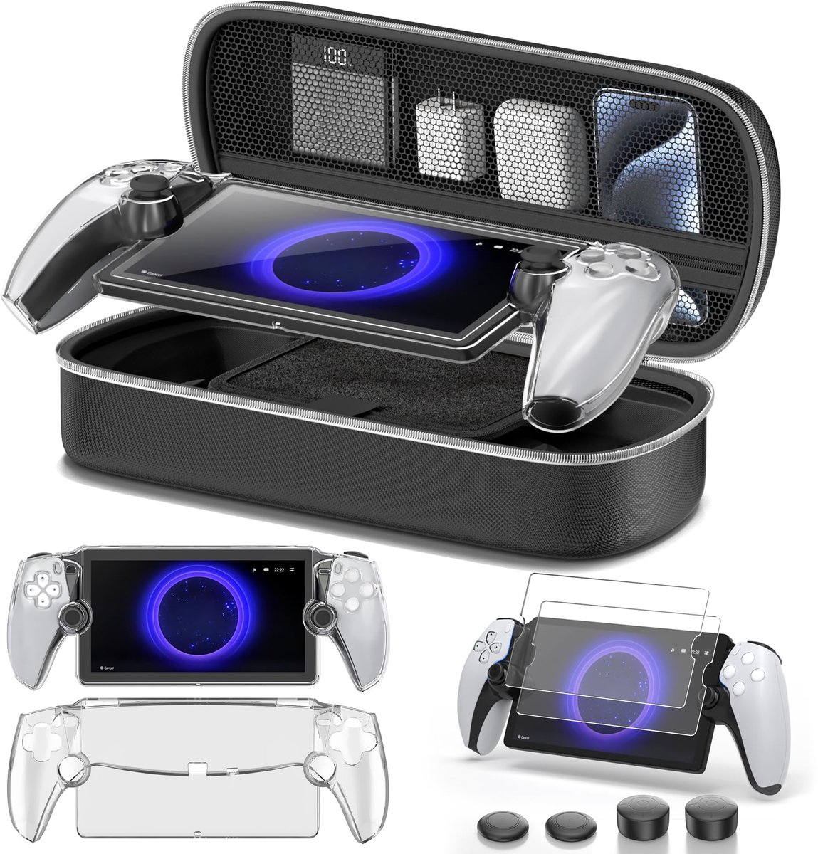 SnelShoppen - 10 in 1 Accessoiresset voor PS Portal Remote Player met Draagbare Tas, Beschermhoes, Gehard Glas en Duimgrepen - Compleet en Handig voor