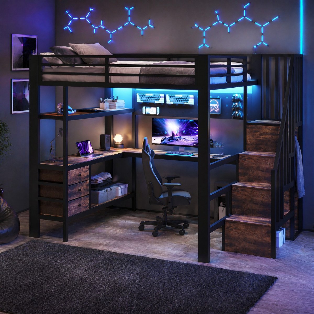 Hoogslaper 140x200 cm – Met Bureau, LED-Verlichting En Stopcontact – Met Lades, Opbergruimte En Lochwand – Metaal En MDF – Zwart – Zonder Matras