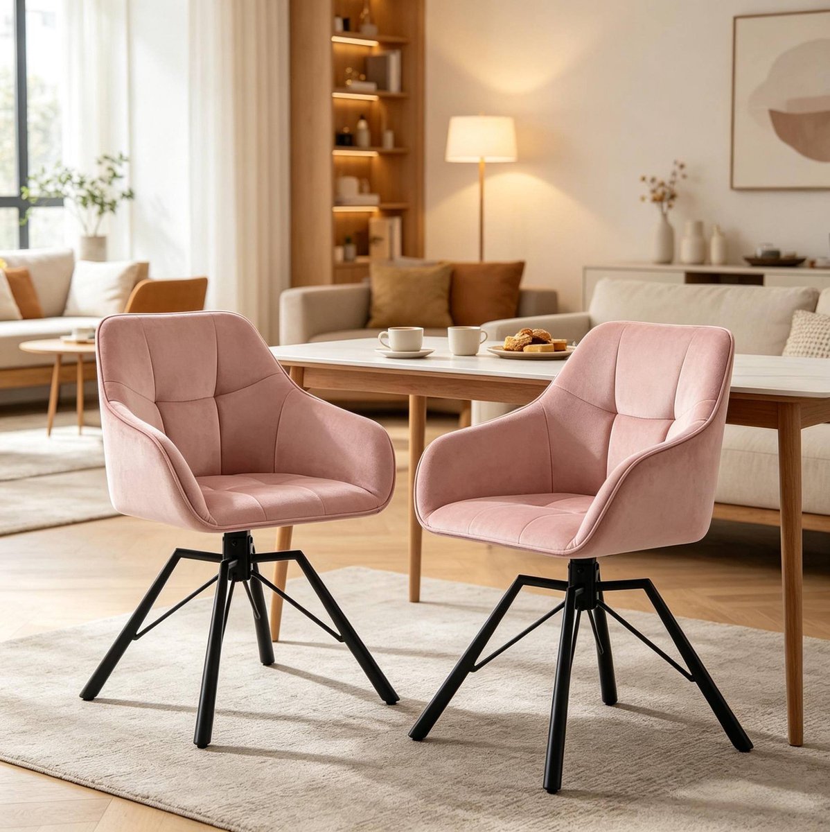 HAUSS SPOLE Eetkamerstoel - Draaibare Kuipstoel - Set Van 2 - Met Armleuningen En Zachte Velvet Zitting - Voor Eetkamer En Keuken - Roze