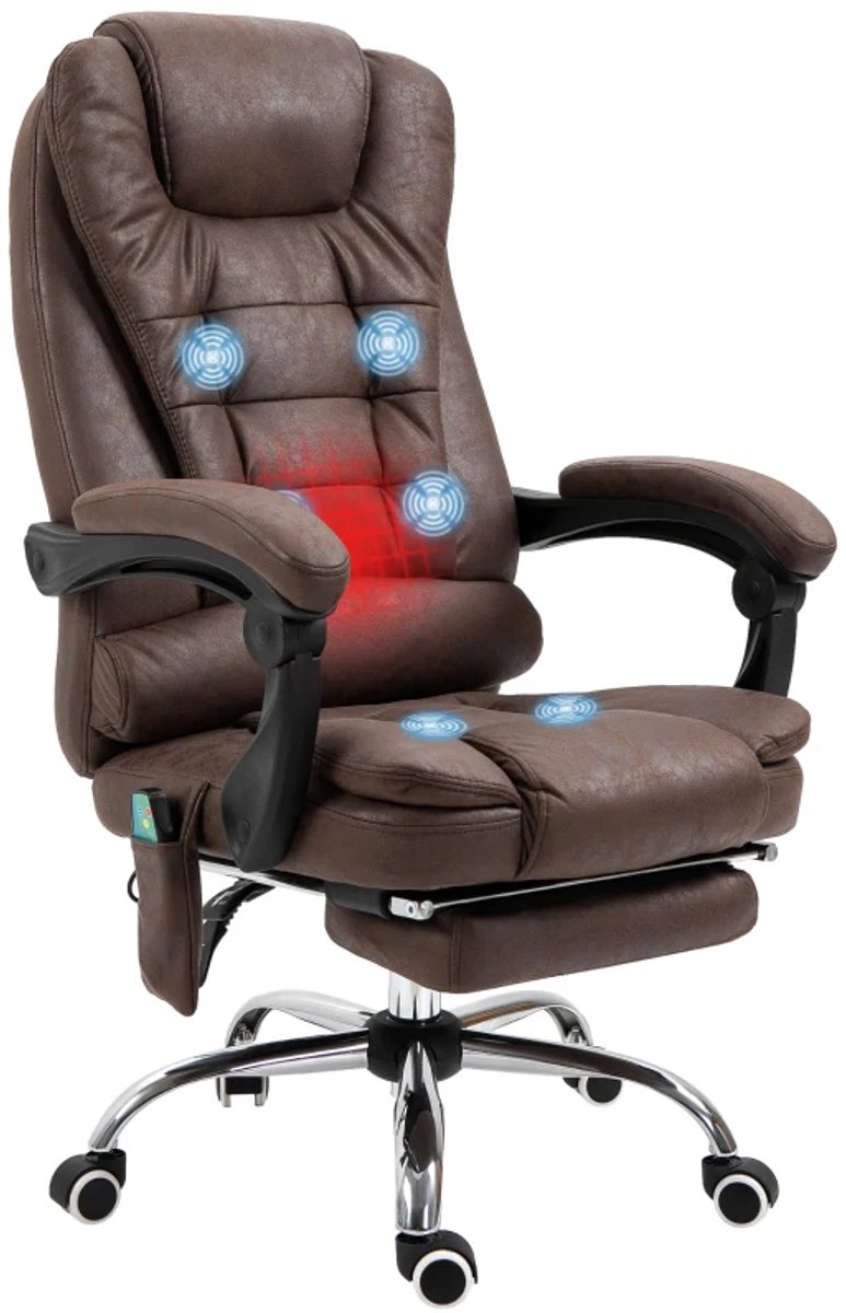 Ergonomische Bureaustoel met 6 Massagepunten - Massagestoel - In Hoogte Verstelbaar - 360° Draaibaar - 135° Kantelbare Rugleuning - met Geïntegreerde Voetensteun & Verwarmingsfunctie - Kantoorstoel - Gamestoel - Volwassenen Stoel - Bruin