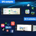 GPS-navigatie en Wi-Fi verbinding weergave op het autoradio touchscreen met diverse app iconen.