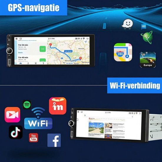 GPS-navigatie en Wi-Fi verbinding weergave op het autoradio touchscreen met diverse app iconen.