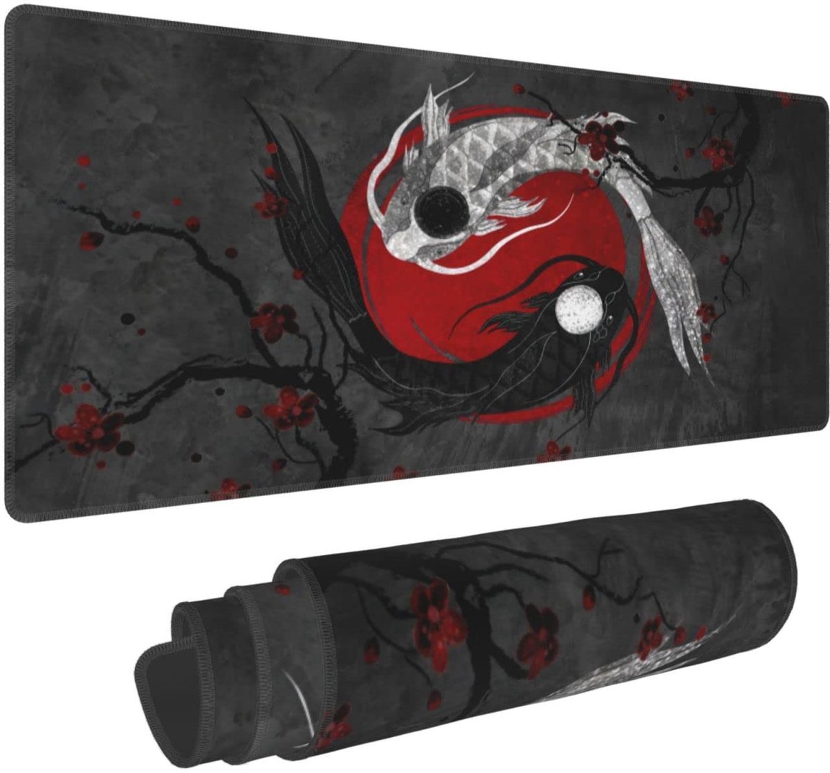 Gaming muismat - Grote Muismat 80 x 30 cm - Yin Yang Koi Karper - Chinese Oosterse Inktschildering - XXL Bureauonderlegger met Antislip Rubberen Onderkant - Waterafstotend en Gestikte Rand - Voor Kantoor, Thuis en Gaming