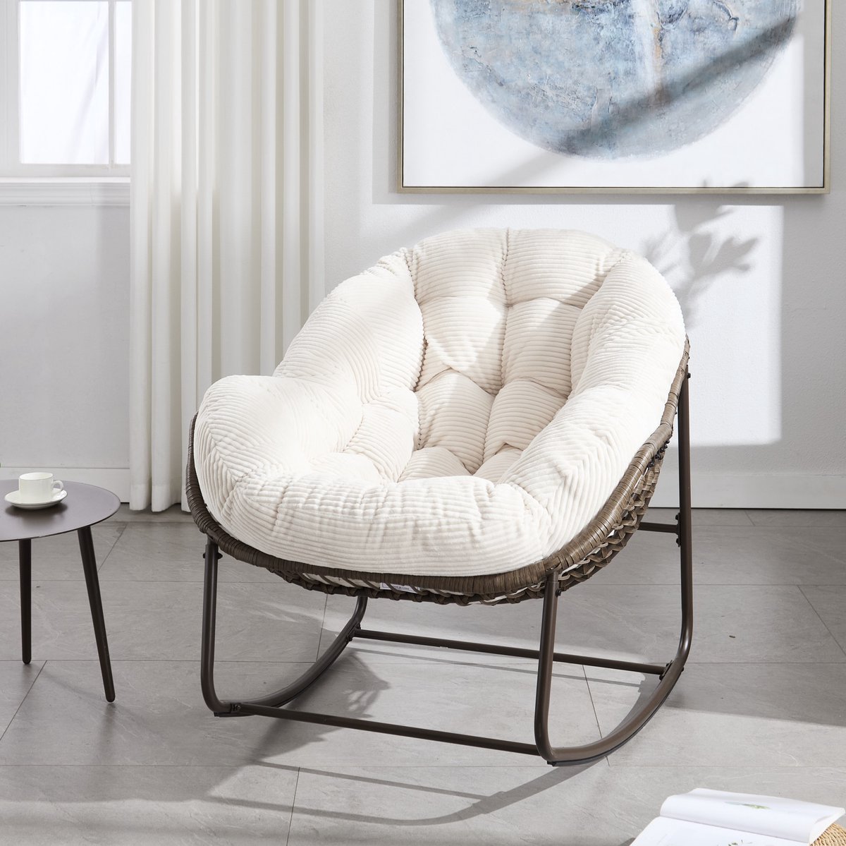 REDOM Schommelstoel - Handgeweven synthetisch rotan - Gepolsterde zitting met gebogen rugleuning - Stalen frame - Voor terras en woonkamer - Wit - 78 x 106 x 90 cm