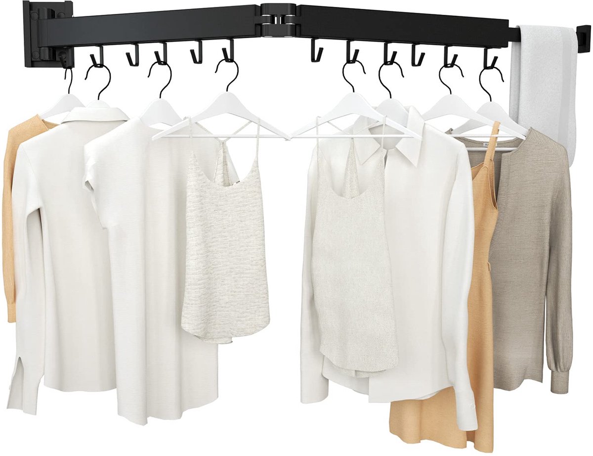 SnelShoppen - Intrekbaar droogrek voor kleding, 2-voudig ruimtebesparend zwart opvouwbaar kledingrek voor wasgoed, balkon, badkamer, terras, slaapzaal
