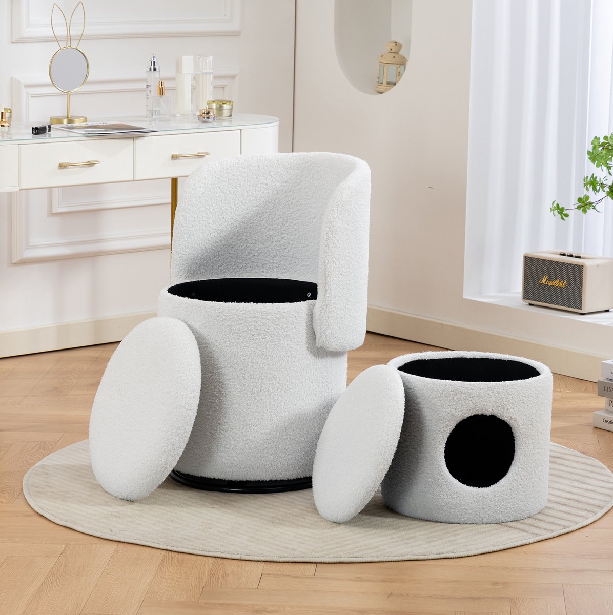 REDOM-Fauteuil-360° draaibaar-met ingebouwde opbergruimte-gepolsterde zitting-Design-woonkamer en slaapkamer-Stof en metaal-Wit-75 x 52 x 42 cm