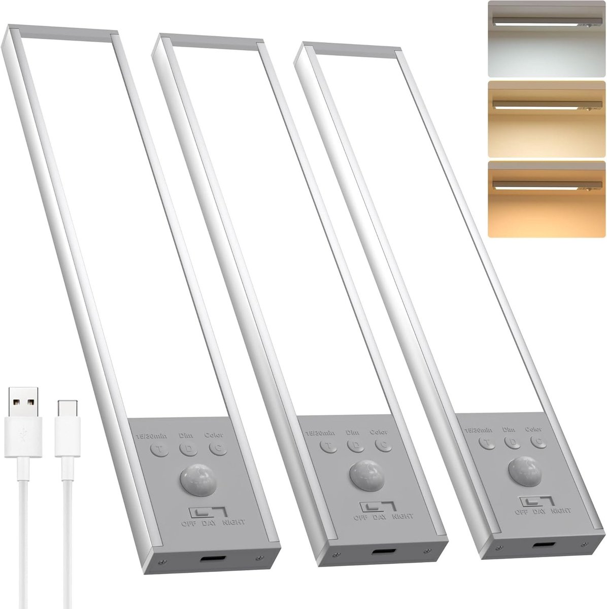 Set van 3 oplaadbare LED-lampen met bewegingssensor, dimbaar, 1500 mAh, 3 kleurtemperaturen, magnetisch voor keuken, kleedkamer en badkamer