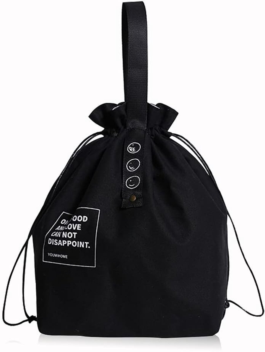 Canvas Geïsoleerde Lunchtas met Trekkoord Sluiting, Vouwbare en Lichtgewicht Koeltas voor Werk, School en Picknick, Zwart