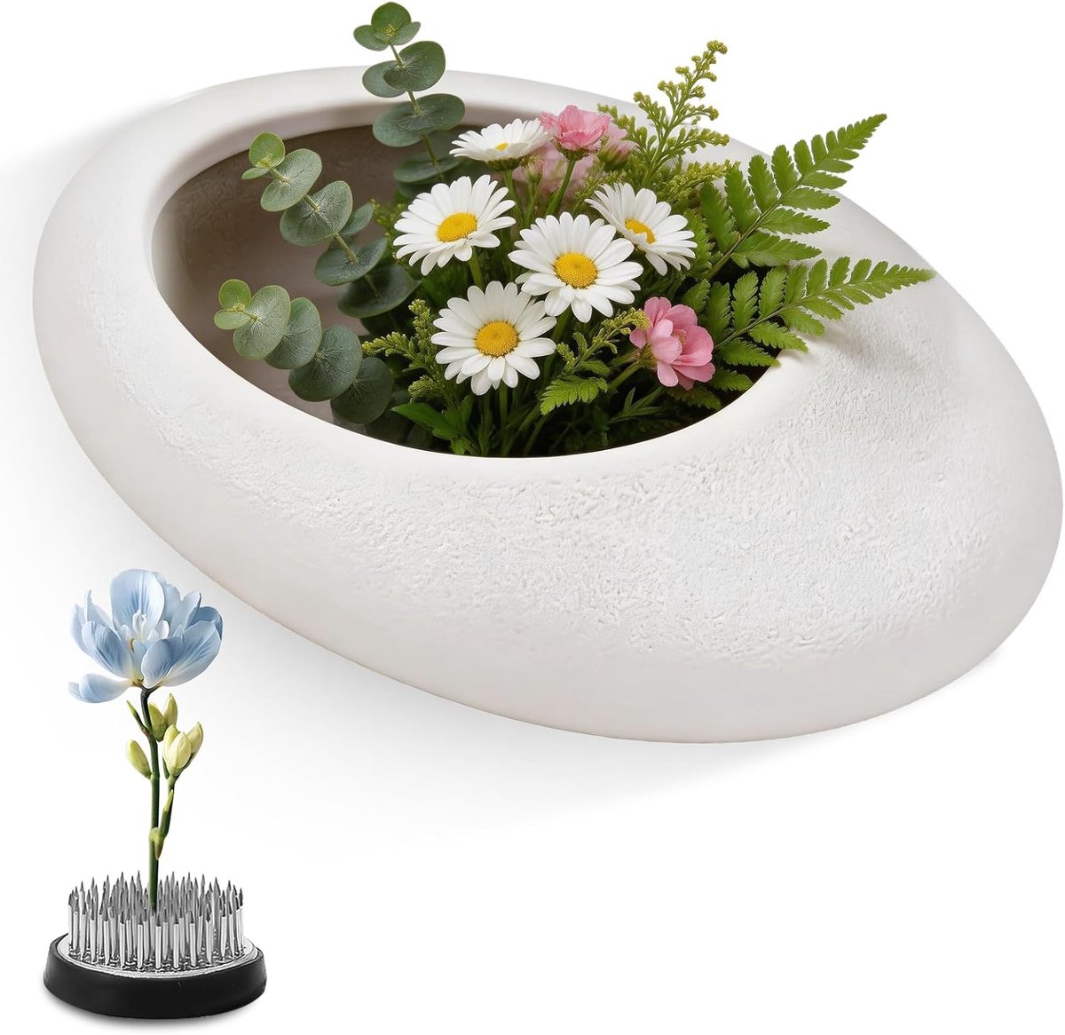 Ikebana Ikebana Vaasset, schaal met 4 cm bloemenhouder, bloemstuk set, kiezelsteenvormige Ikebana bloemenvaas voor - ShopVlot