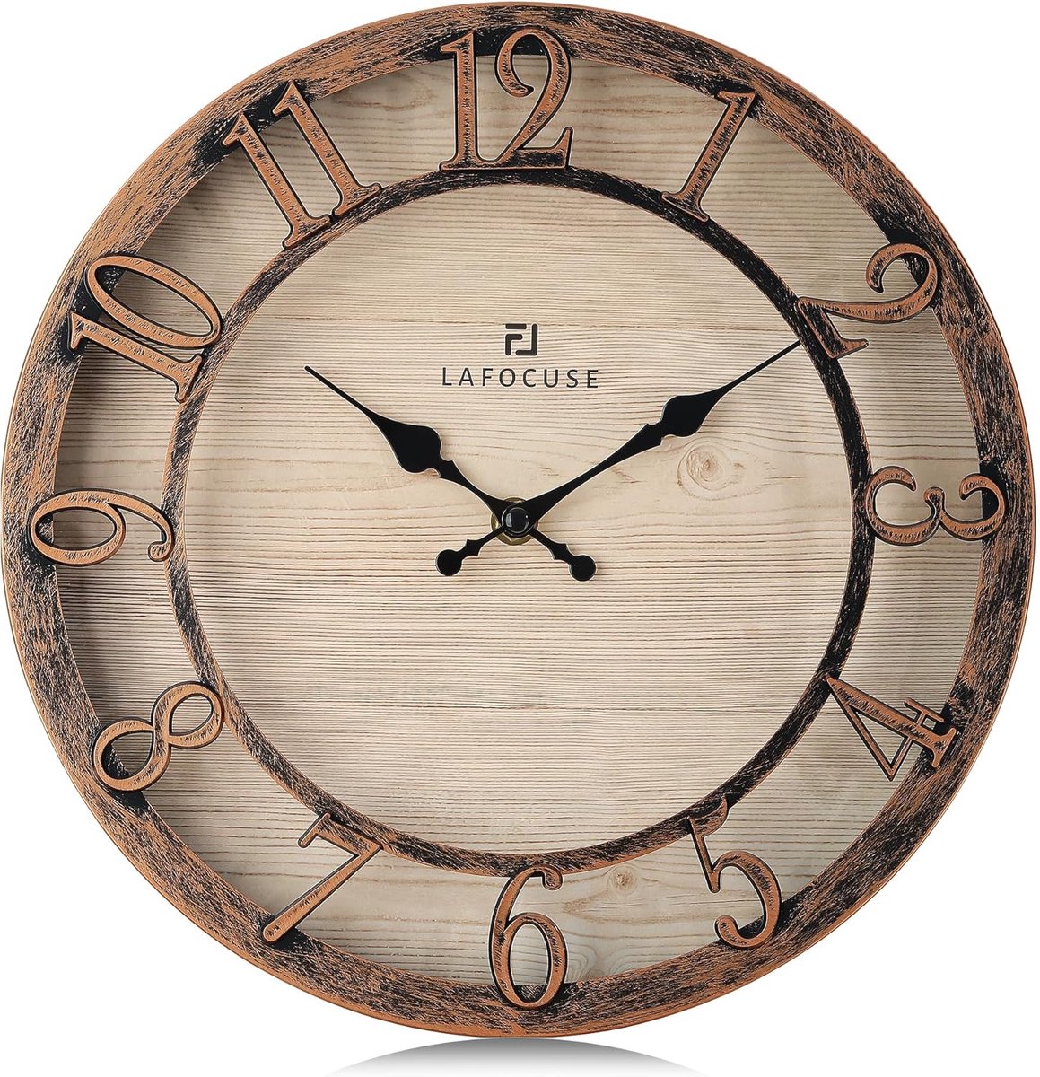 SnelShoppen - Wandklok 30 cm zonder tikkende geluiden, grote verhoogde 3D-cijfers, rustieke landhuisstijl, stille vintage wandklok, decoratief voor wo