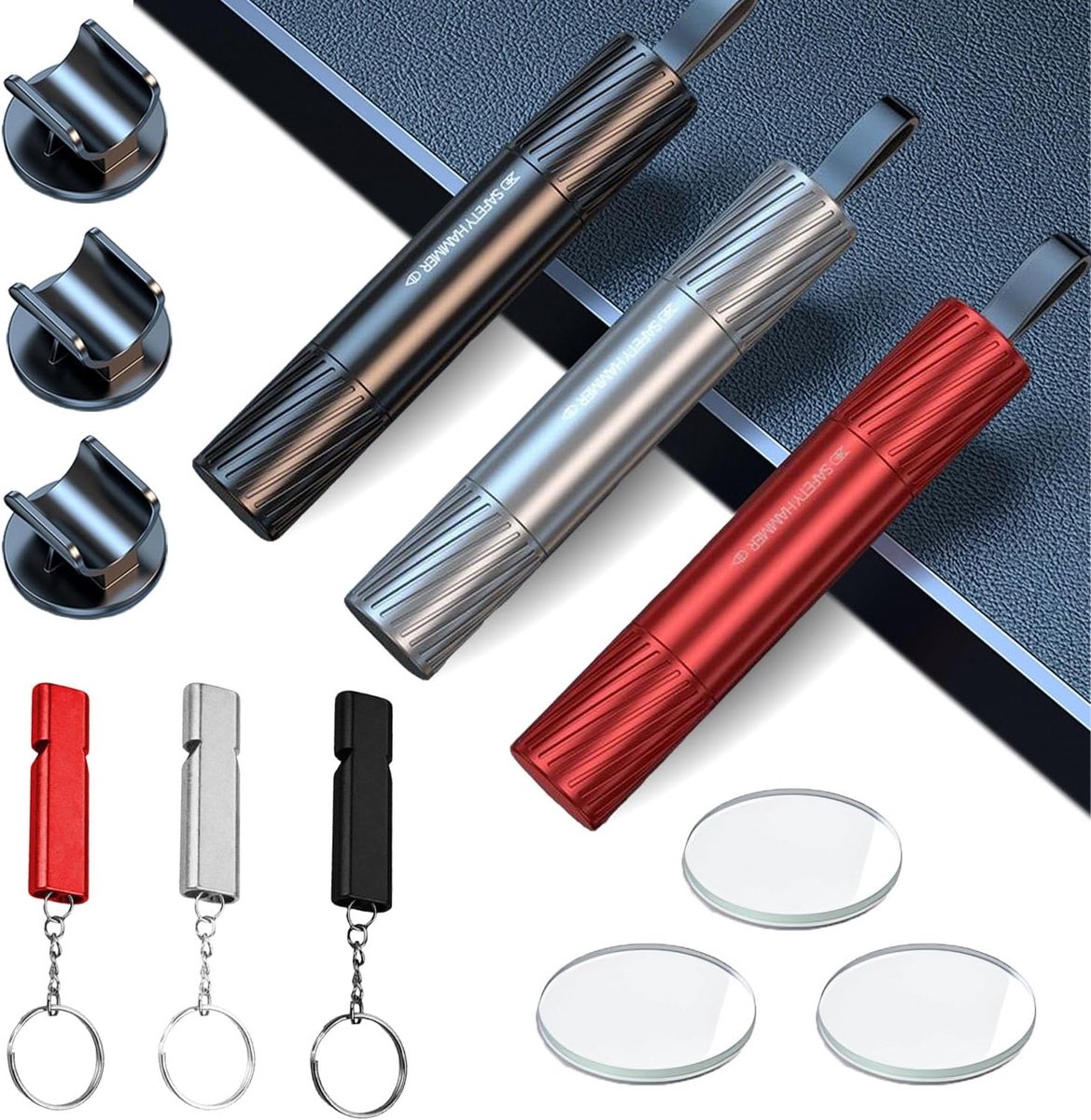 SnelShoppen - 3 stuks 2-in-1 Noodhamer Auto met Gordelsnijder, Veiligheidshamer Autoruit Glasbreker met Fluit, Vaste Houder en Testglas voor Noodreddi