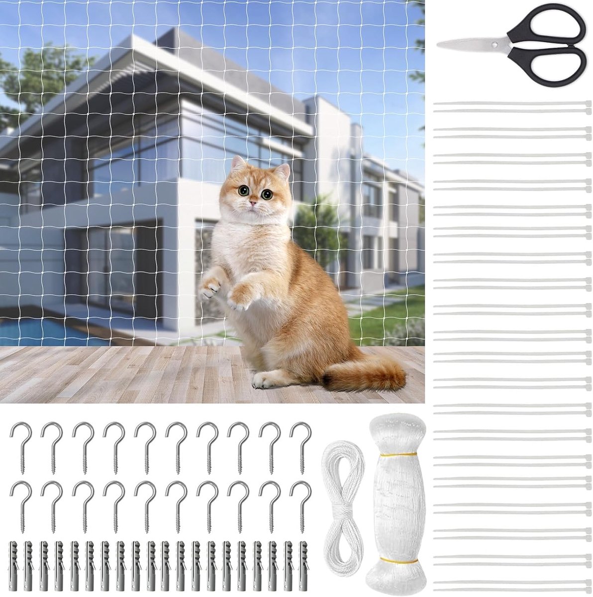 SnelShoppen - Kattennet voor Balkon 10 x 3 m, Nylon Duivenbeschermingsnet met Bevestigingskoord, Vogelnet Balkon voor Ramen, Schaar en Kabelbinders In