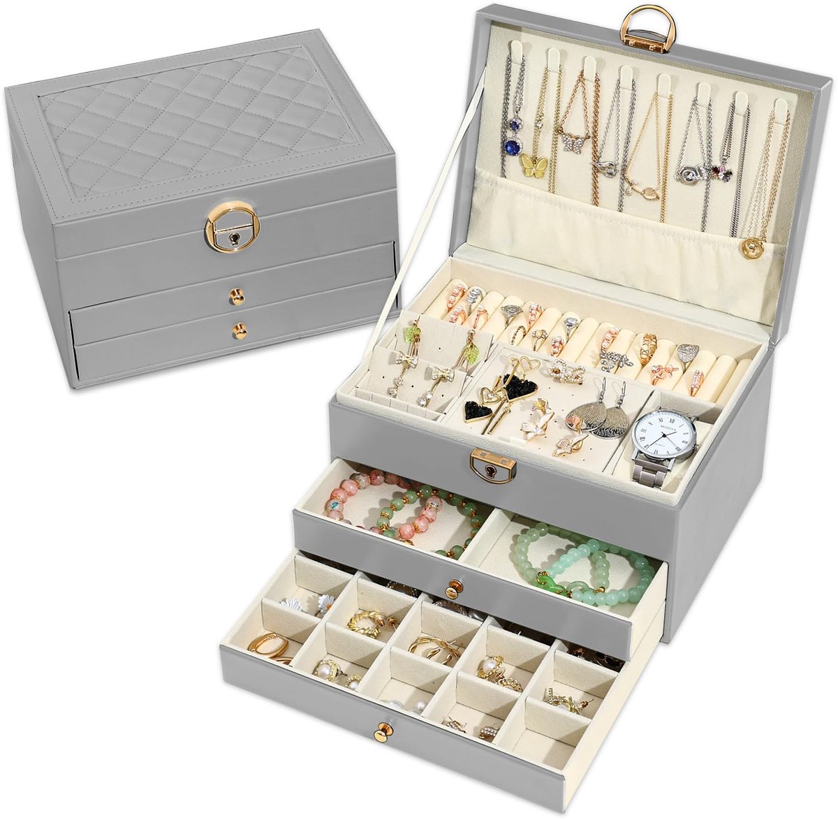 SnelShoppen - Elegante Sieradendoos met 3 Lagen en 2 Laden, Luxe Sieradendoos van Leer voor Halskettingen, Armbanden, Ringen en Oorbellen - Grijs, Ide