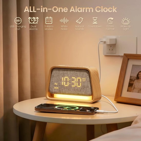 Wekker met Licht - Nachtlamp Klok - Rustig Slapen - 20 Slaapgeluiden - S - Houtnerf — afbeelding 4