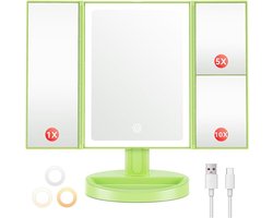 SnelShoppen - Auxmir Make-upspiegel met Verlichting, Dimbare LED Spiegel 10X/5X/1X, Opvouwbare Cosmeticaspiegel met 3 Lichtkleuren, USB-oplaadbaar, Gr