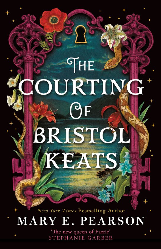 Boekcover 'The Courting of Bristol Keats' met een gouden sleutel, slangen, bloemen en een waterlandschap. Geschreven door Mary E. Pearson.