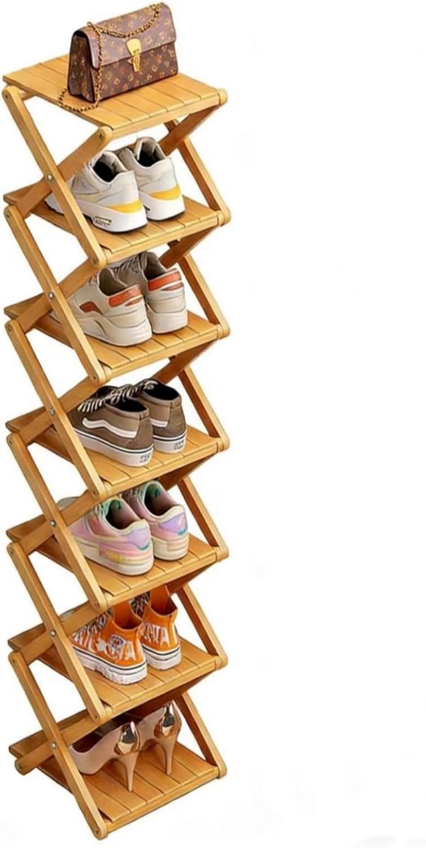 SnelShoppen - Opvouwbaar Bamboe Schoenenrek 7 Laags - Multifunctioneel Entree Rek voor Slaapkamer, Hal en Kast - Natuurlijk Houtkleur - Ruimtebesparen