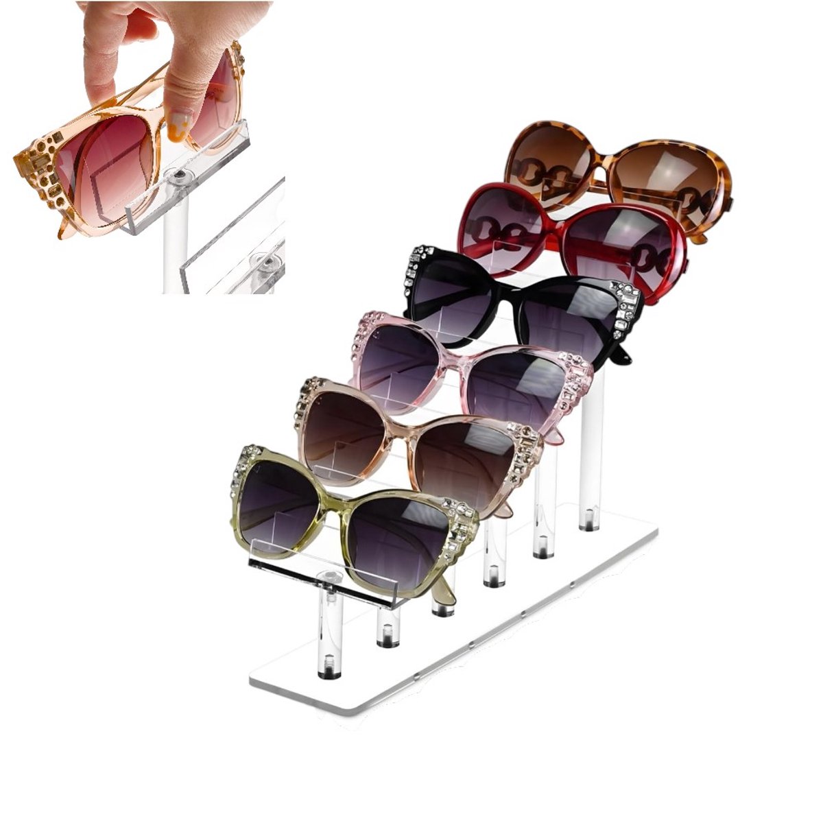 Transparante displaystandaard met meerdere niveaus - Acryl materiaal - Opbergrek voor zonnebrillen - Brillenrek - Voor het opbergen van brillen, tafelmodel zonnebrillenhouder - 7*32 cm