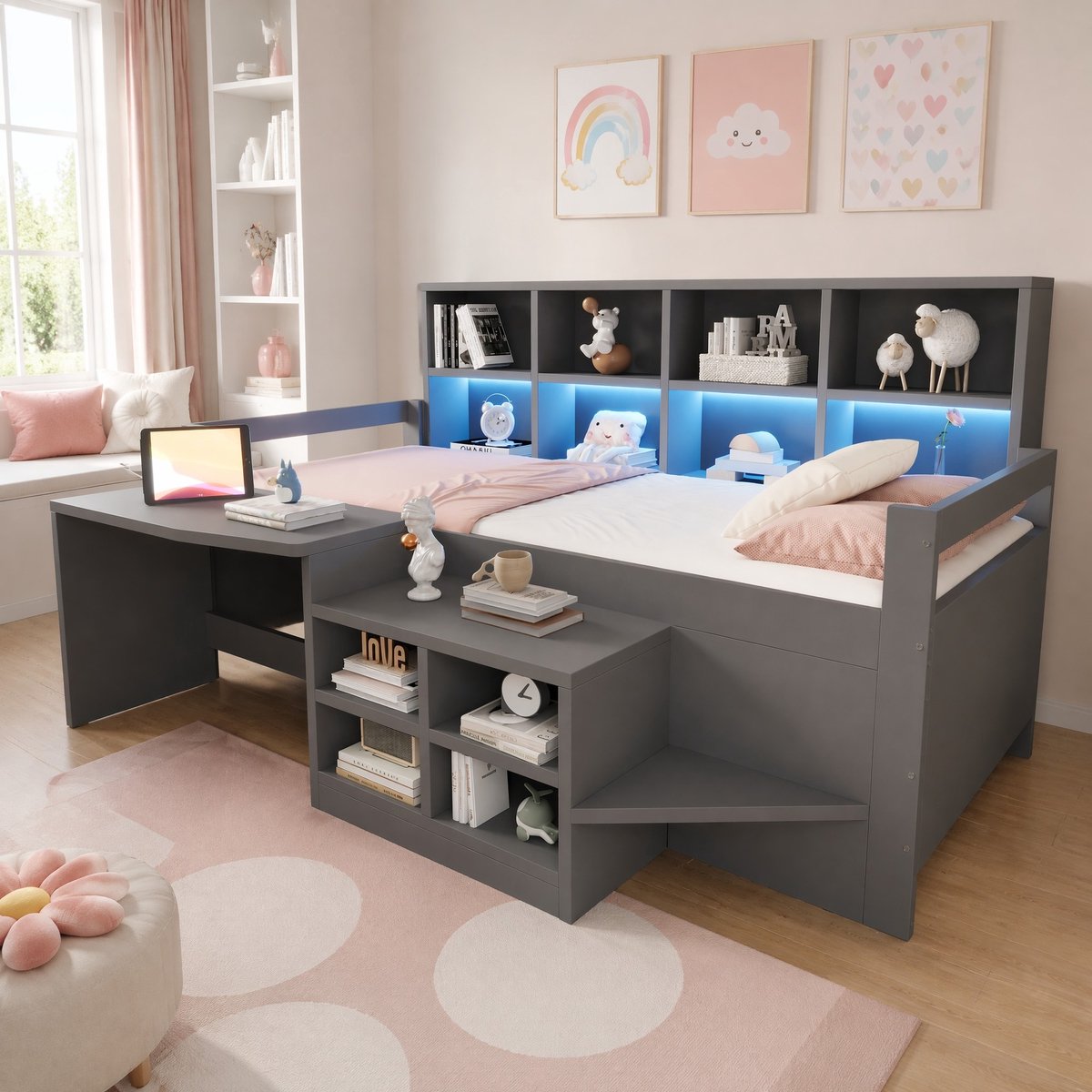 COVREO Kinderbed met bureau en opbergkasten – 90x200 cm – Eenpersoonsbed met LED-lichtbalk en stopcontacten – Meerdere opbergvakken – Houten tienerbed – Grijs - zonder matras