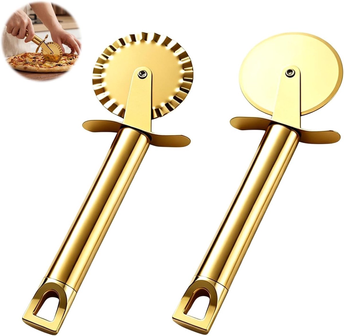 Set van 2 Pizzasnijders, Goudkleurige Titanium Snijwielen, Precies en Scherp, Ideaal voor Thuisgebruik, Vaatwasserbestendig en Makkelijk Schoon te Maken