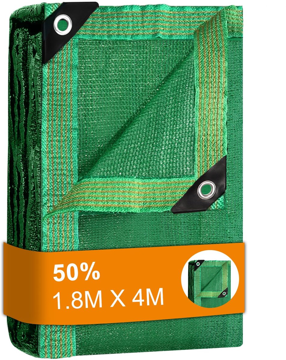 SnelShoppen - Schaduwnet voor tuin 1,8 m x 4 m - 50% zonwering - Groen schaduwdoek met inslagringen voor moestuin, bloemen, schuur, buiten en binnenpl