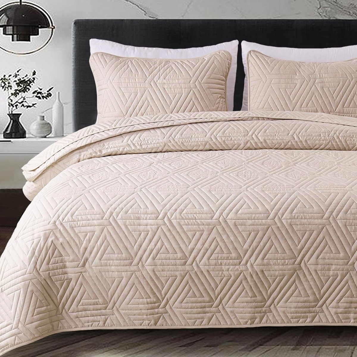 SnelShoppen - Whale Flotilla sprei 260x280cm, zachte microvezel sprei met 2 kussenslopen, lichtgewicht dekbed met geometrisch patroon, beige, perfect