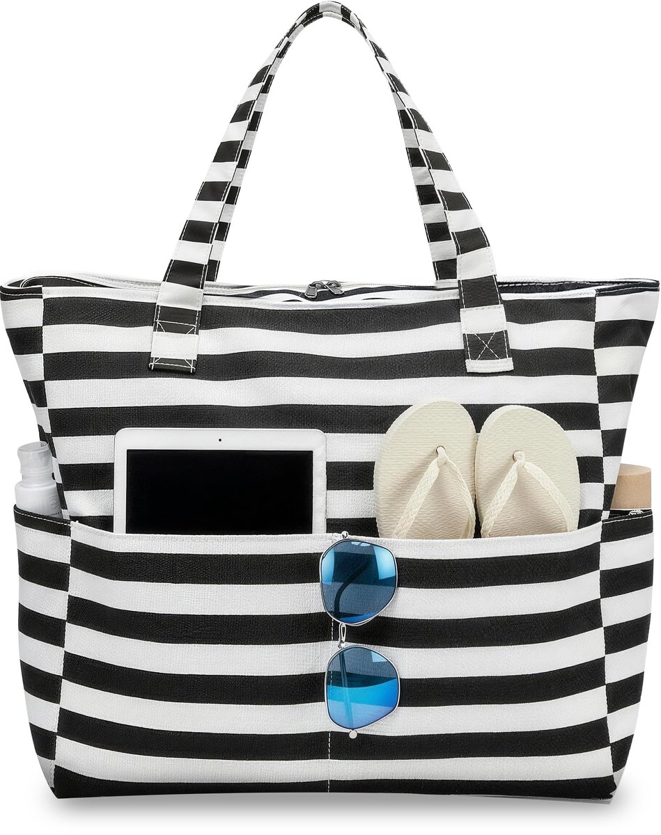 SnelShoppen - Grote Ruimtelijke Strandtas 40L voor Dames met Ritssluiting, Badtas, Boodschappentas, Zwembad, Watersport, Zwart-witte Strepen, Ideaal v