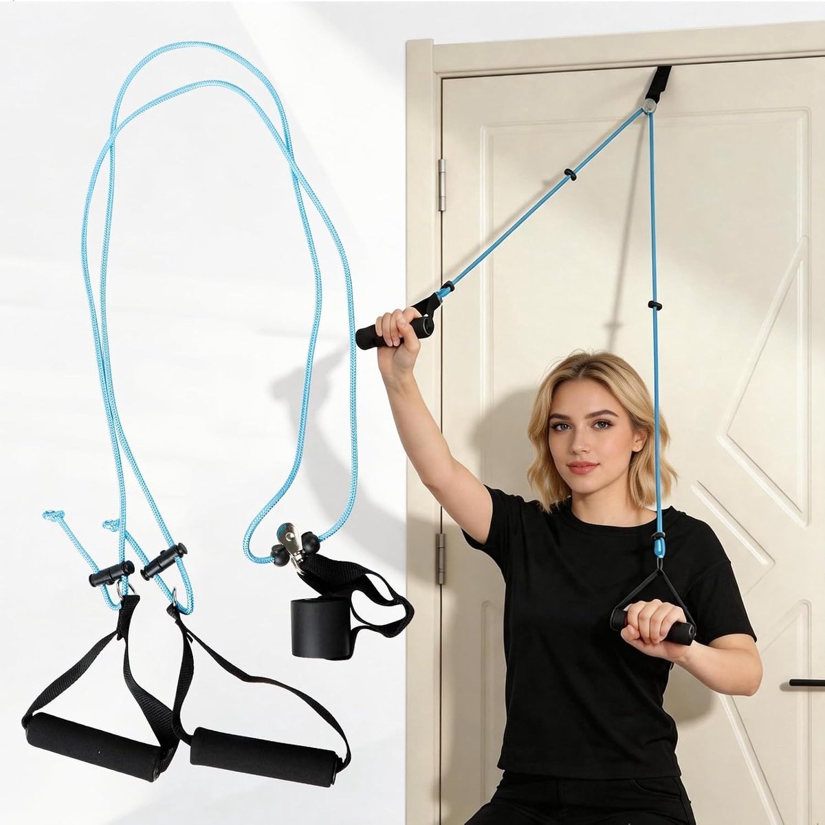 Schoudertrainingsapparaat voor deurtraining, schoudermobiliteit en krachttraining met touw en pulley