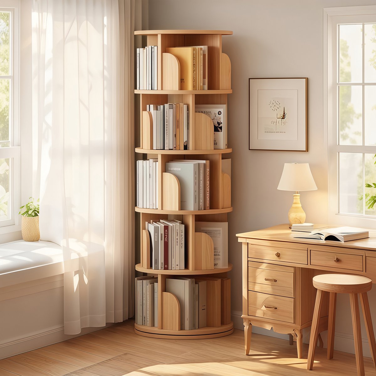 Boekenkast - Draaibare boekenkast - Opbergkast - Hoek boekenkast - 5 lagen - Ronde displaystandaard - 157x46x46 cm - Geschikt voor studeerkamer, slaapkamer - Natuurlijke houtkleur