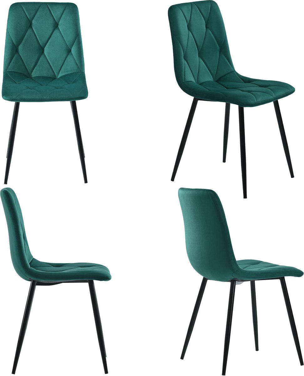 Eetkamerstoelen - Fluwelen Stoelen - Keukenstoelen - Design Stoelen - Visgraatmotief - Metalen Poten - Rugleuning - Eetkamer - 4 Stuks - Donkergroen
